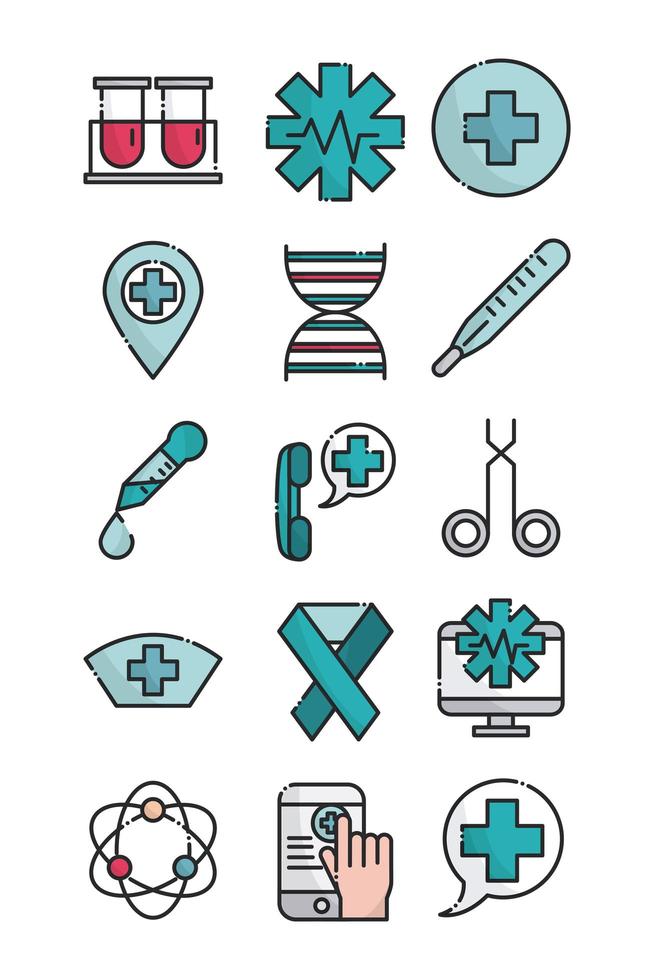 medical health care equipment assistance support icons set line and fill style vector