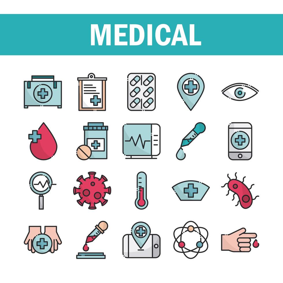 Iconos de soporte de asistencia de equipos de atención médica médica establecen estilo de línea y relleno vector