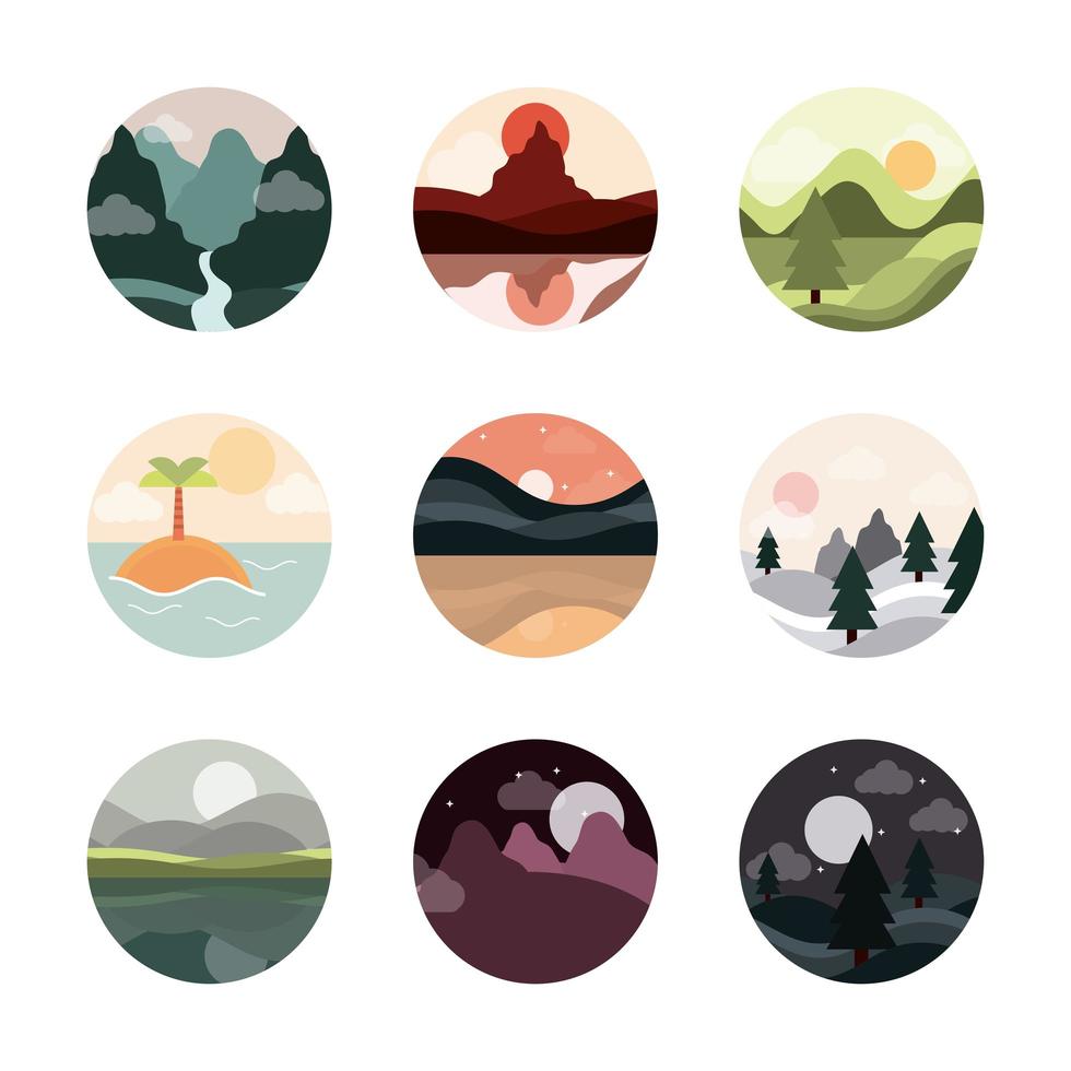 landscape nature mountains ocean and forest in circle icons set flat style icon vector