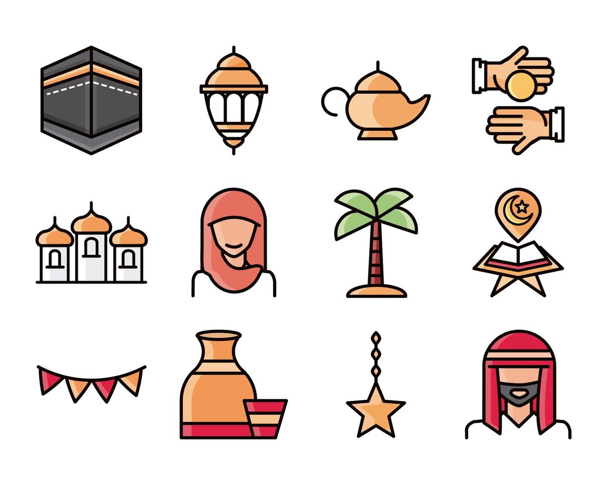 eid mubarak, celebración religiosa islámica, iconos tradicionales, conjunto de iconos de estilo plano vector