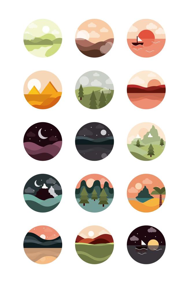 landscape nature mountains ocean and forest in circle icons set flat style icon vector