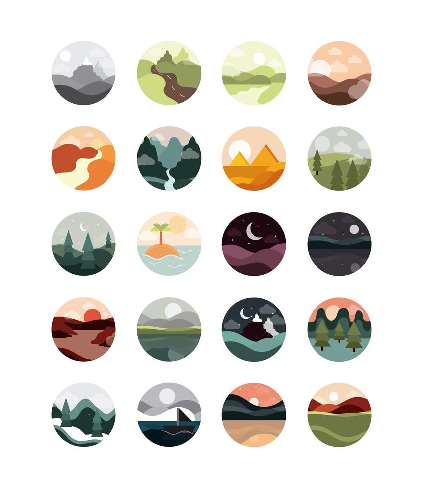 paisaje, naturaleza, montañas, océano y bosque, en, círculo, iconos, conjunto, plano, estilo, icono vector