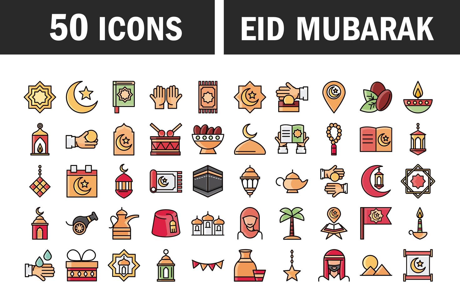 eid mubarak, celebración religiosa islámica, iconos tradicionales, conjunto de iconos de estilo plano vector