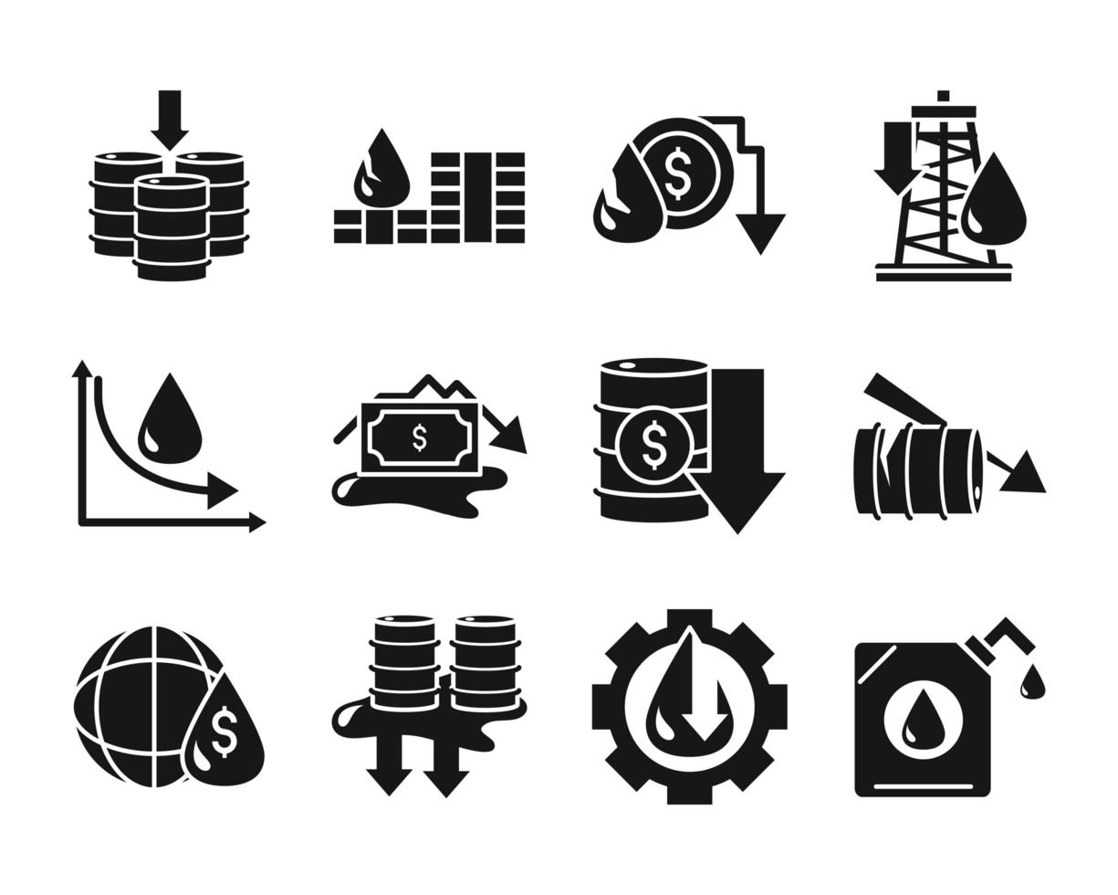 oil price crash crisis economy business financial icons set silhouette style icon vector