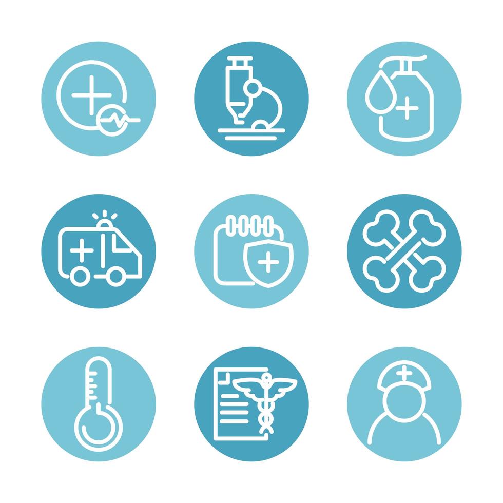 medical and health care equipment assistance icon set block style vector