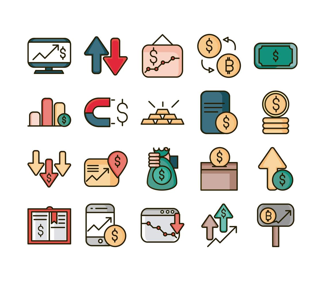 mercado de valores, finanzas, negocios, economía, dinero, iconos, línea, conjunto vector