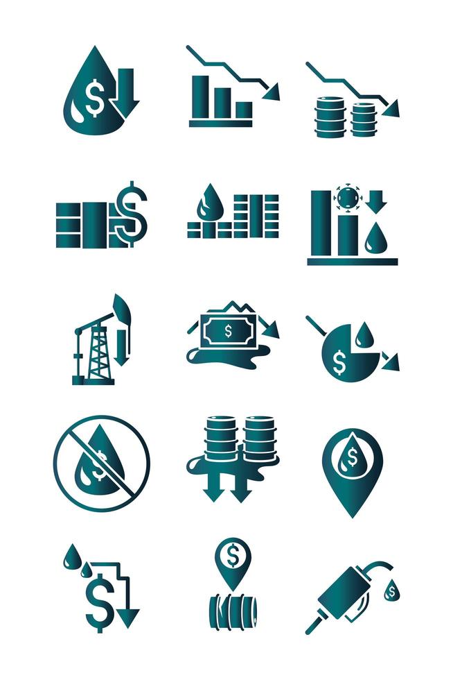 oil price crash crisis economy business financial icons set gradient style vector