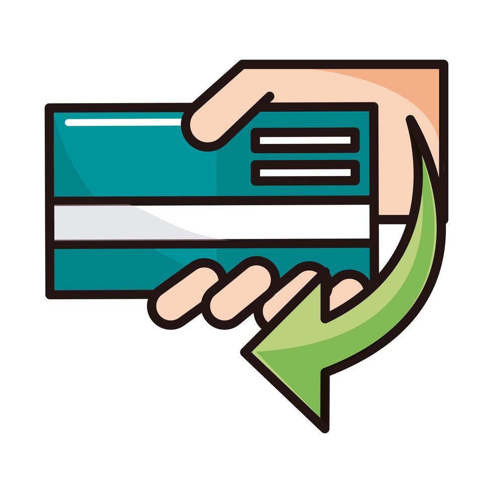 hand with bank card debit and credit shopping or payment mobile banking line and fill icon vector