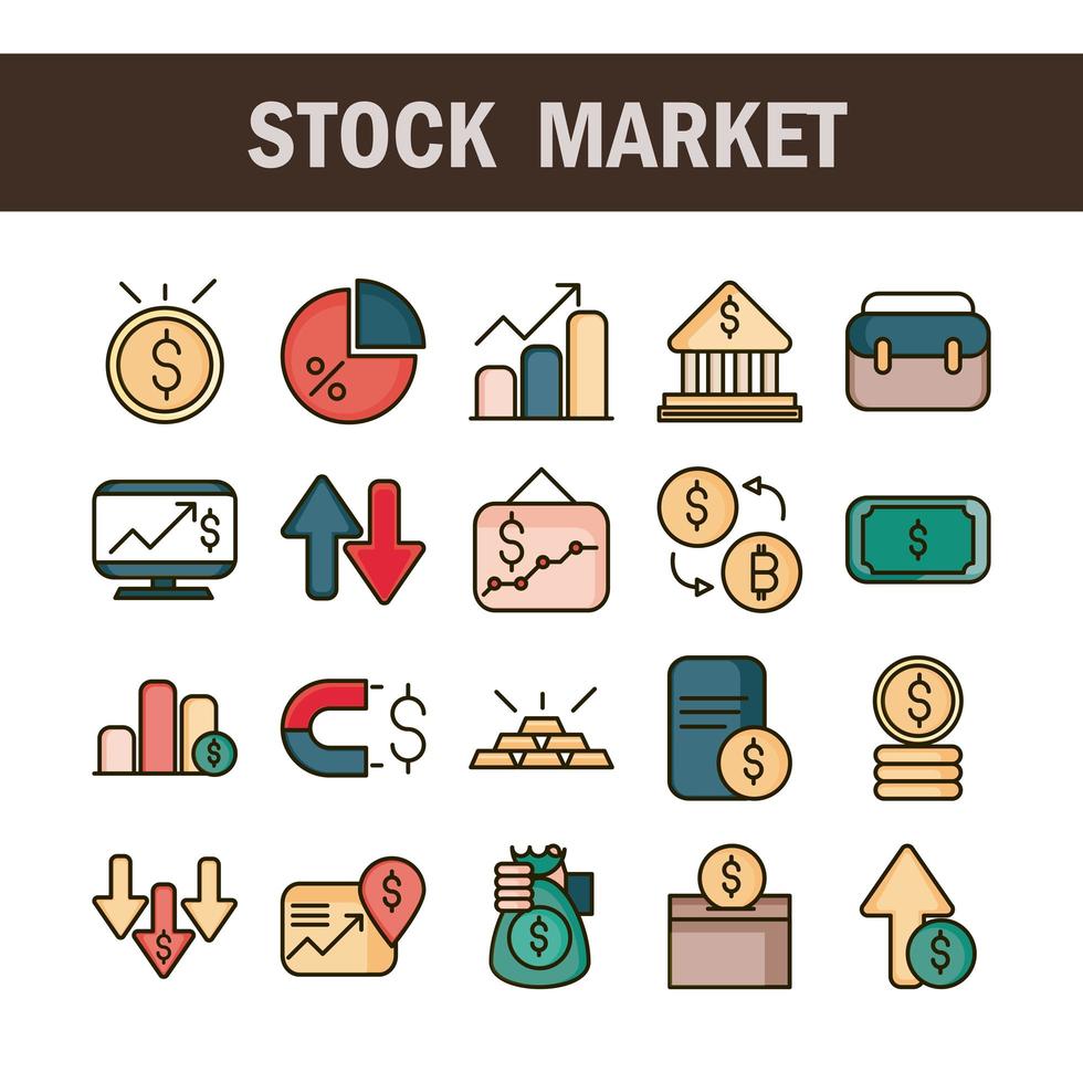 mercado de valores, finanzas, negocios, economía, dinero, iconos, línea, conjunto vector