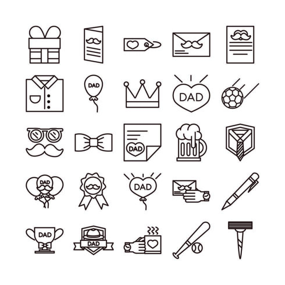 happy fathers day celebration accessories message decoration party icon set line style icon vector