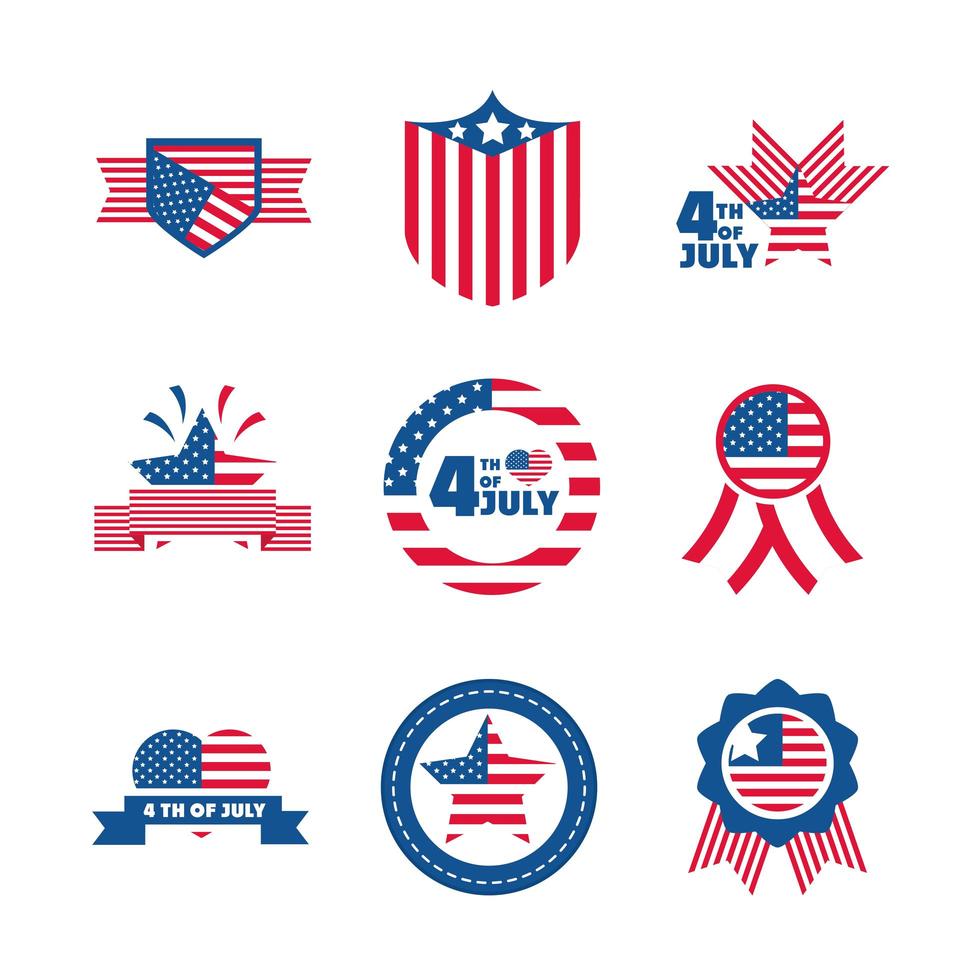 4 de julio celebración del día de la independencia monumento de honor iconos de la bandera americana establecer icono de estilo plano vector