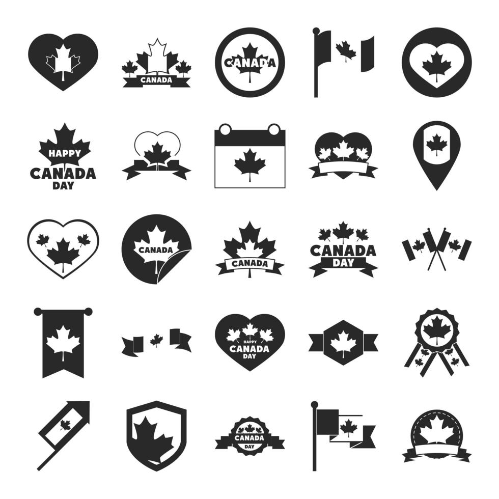 canadá, día de la independencia, libertad, patriotismo nacional, celebración, iconos, conjunto, silueta, estilo, icono vector