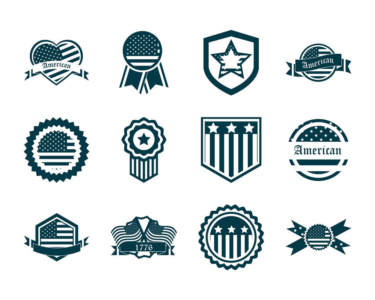 happy independence day american flag national freedom patriotism icons set silhouette style vector