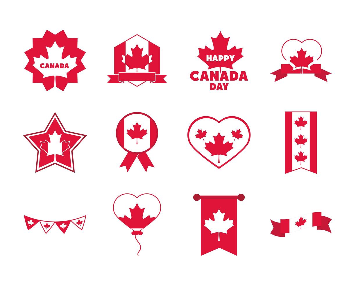 canadá, día de la independencia, libertad, patriotismo nacional, celebración, iconos, conjunto, plano, estilo, icono vector