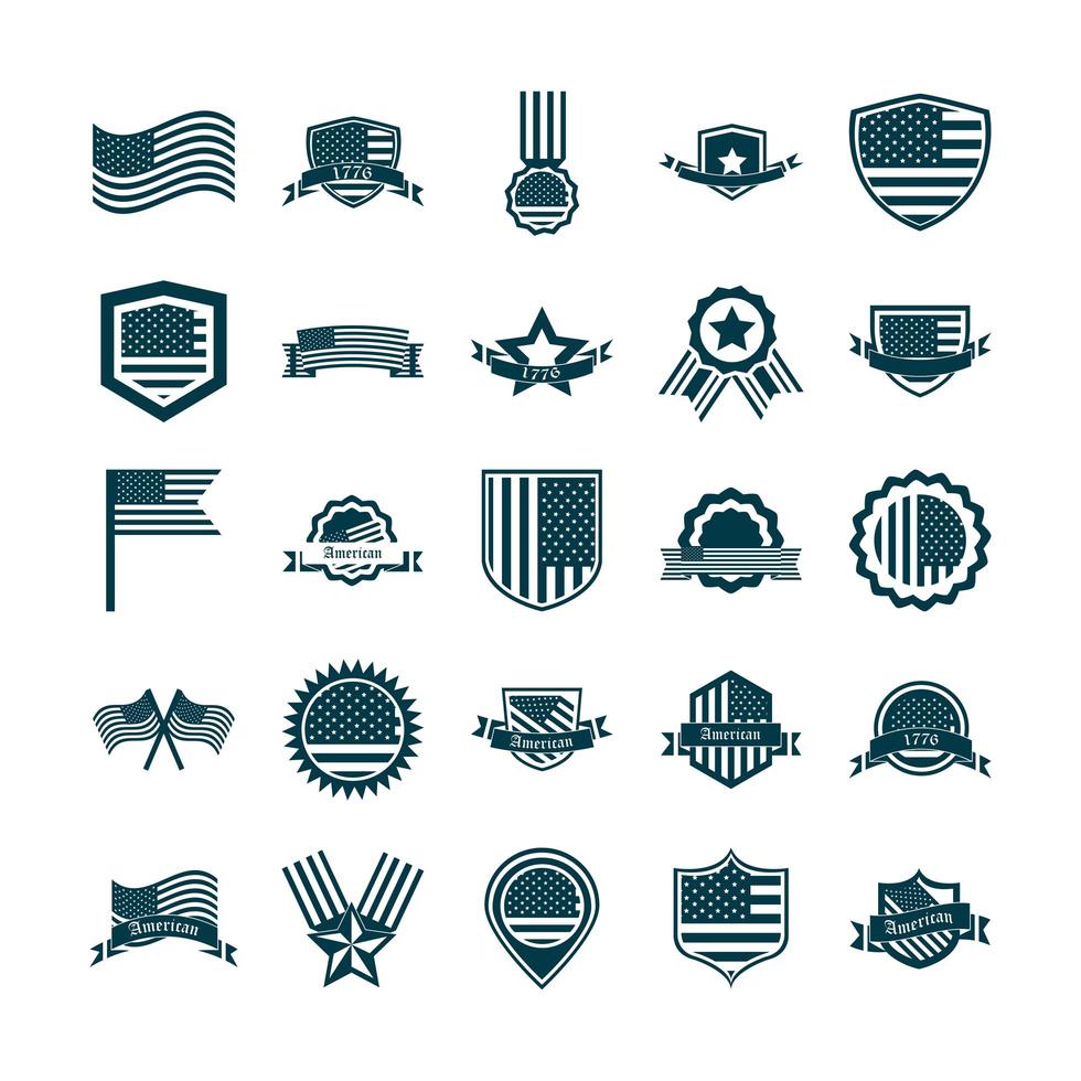 happy independence day american flag national freedom patriotism icons set silhouette style vector