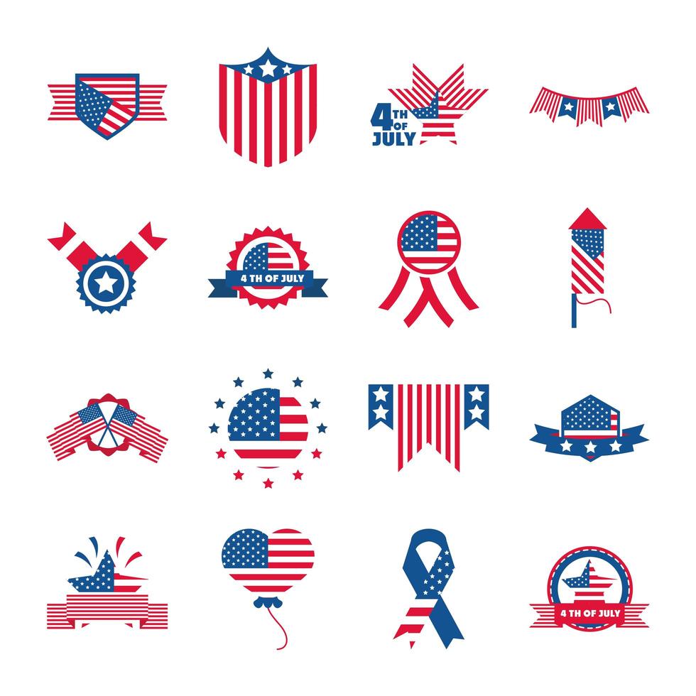 4 de julio celebración del día de la independencia monumento de honor iconos de la bandera americana establecer icono de estilo plano vector