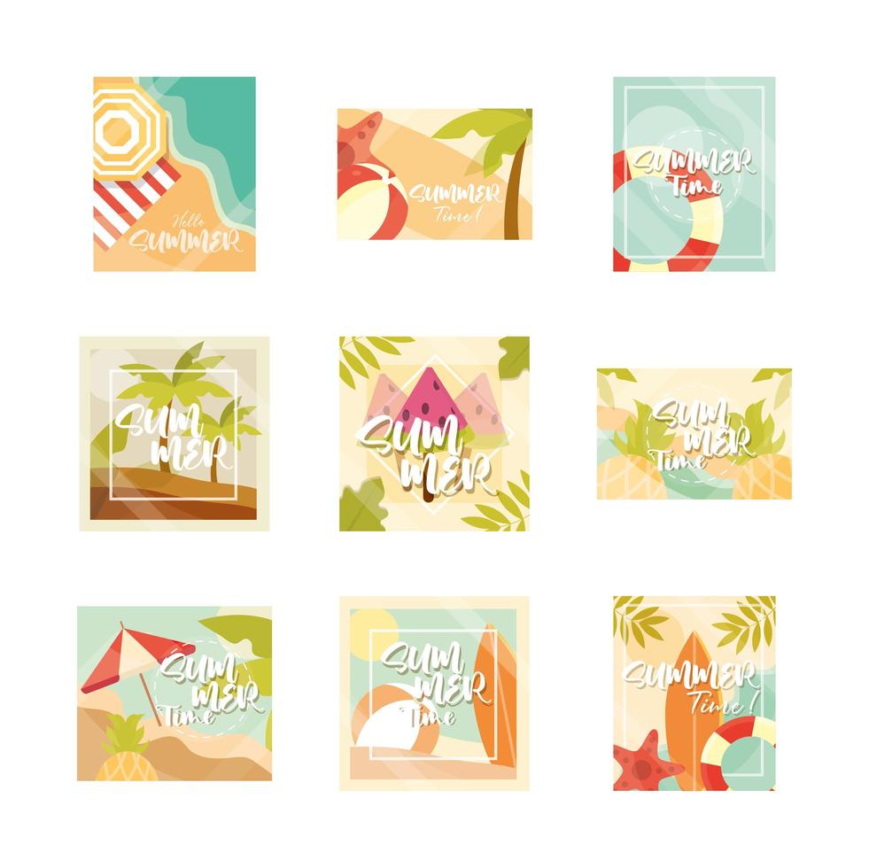 hola verano banner temporada vacaciones viajes tipografía conjunto de iconos vector