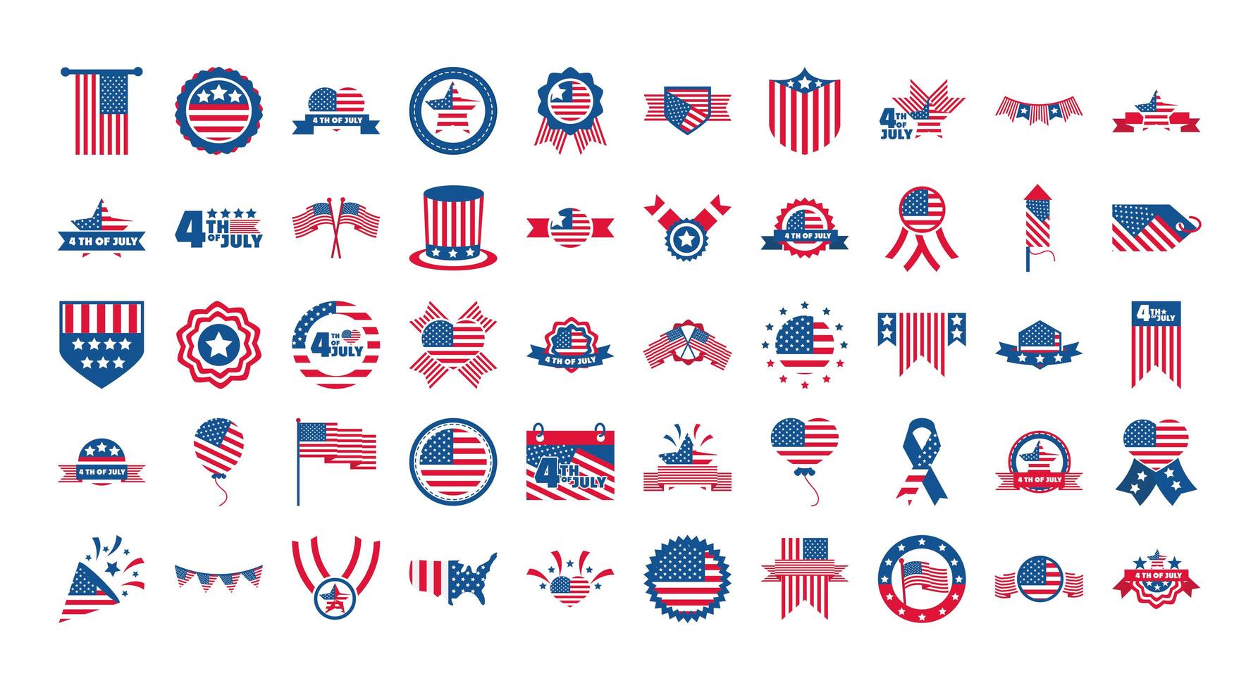 4th of july independence day celebration honor memorial american flag icons set flat style icon vector