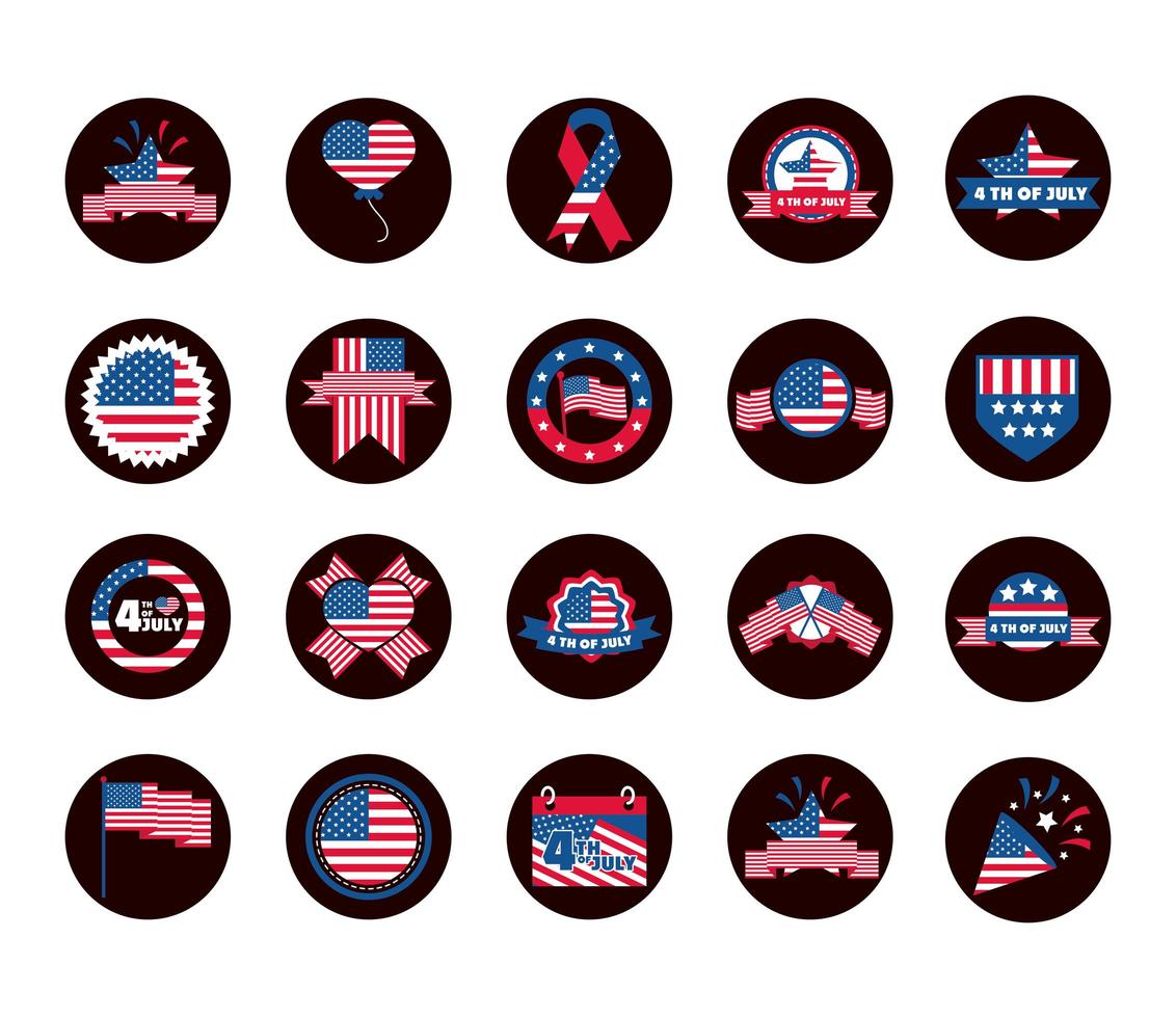 4th of july independence day celebration honor memorial american flag icons set block and flat style icon vector