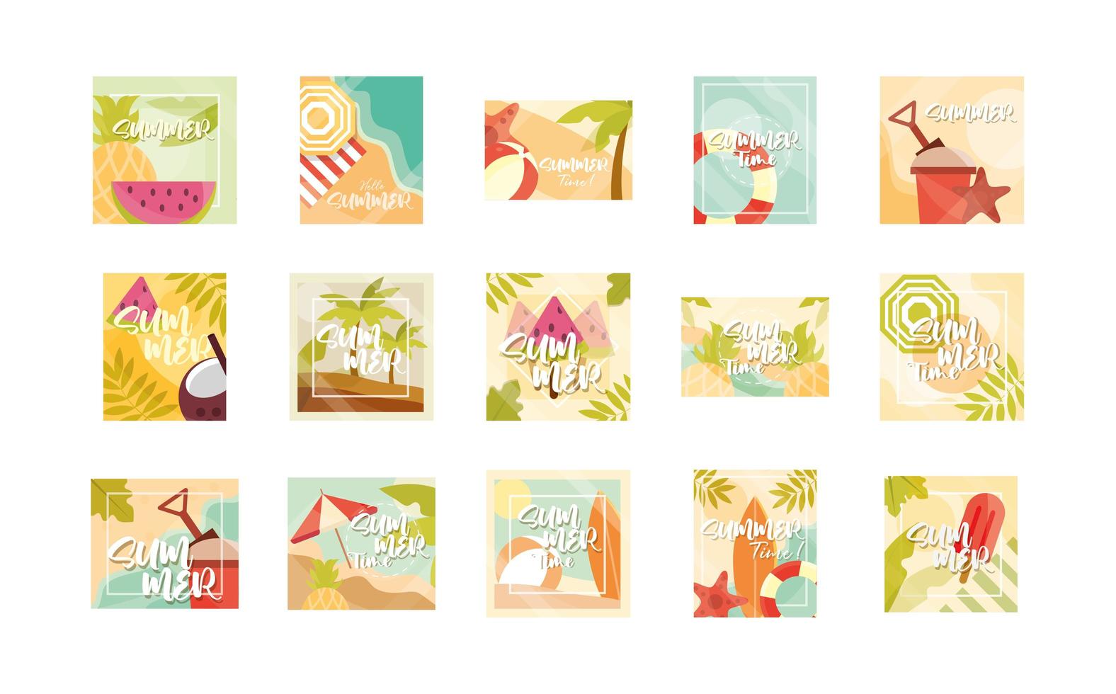 hola verano banner temporada vacaciones viajes tipografía conjunto de iconos vector
