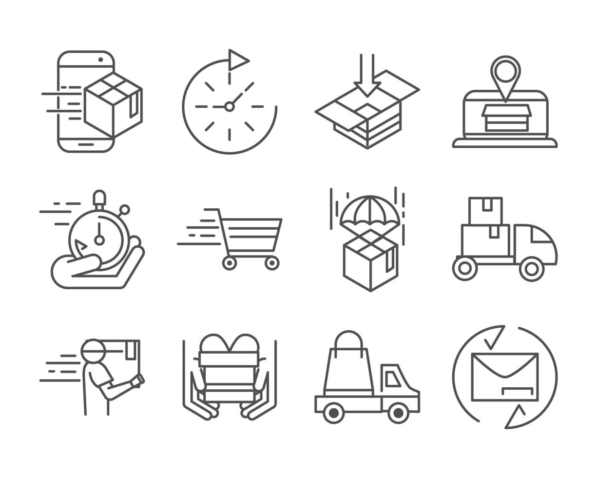 fast delivery cargo shipping commerce business icons set line style icon vector