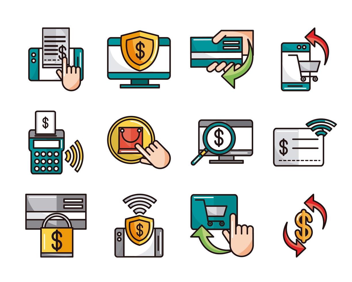 mobile banking shopping or payment market online ecommerce icons set line and fill line and fill icon vector