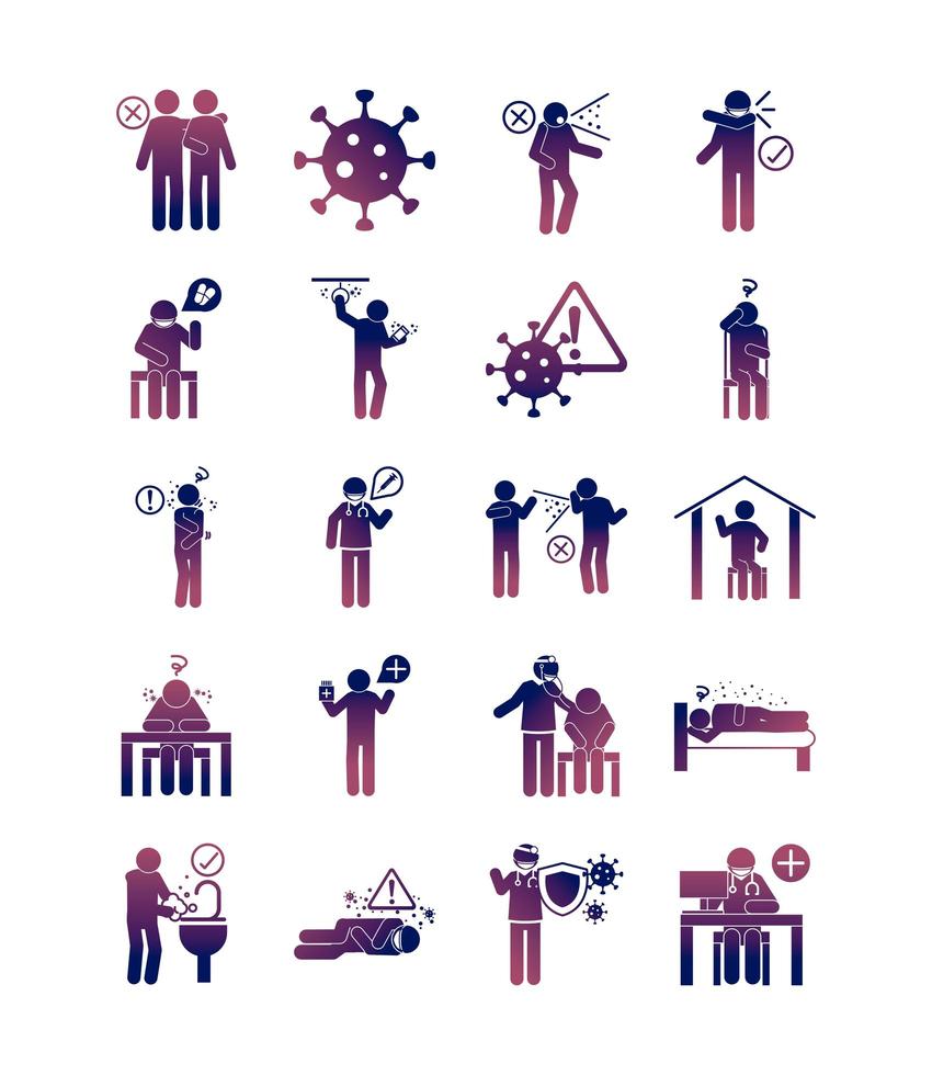 coronavirus covid 19 health pictogram prevention symptoms medical icons set  gradient style icon vector