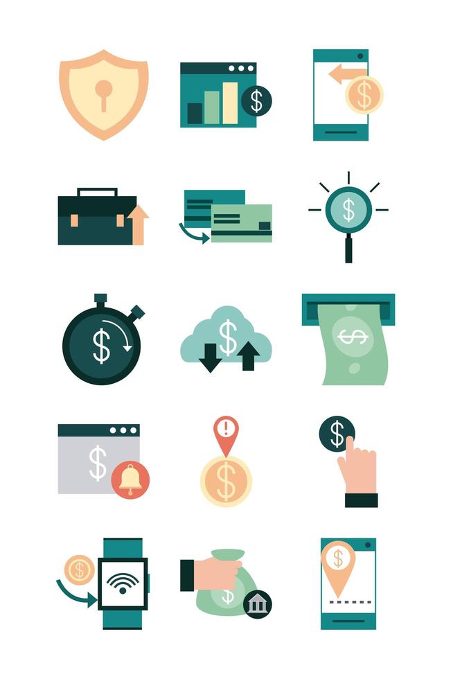 banca móvil, pago financiero, dinero, bsuiness, iconos, conjunto, plano, estilo vector