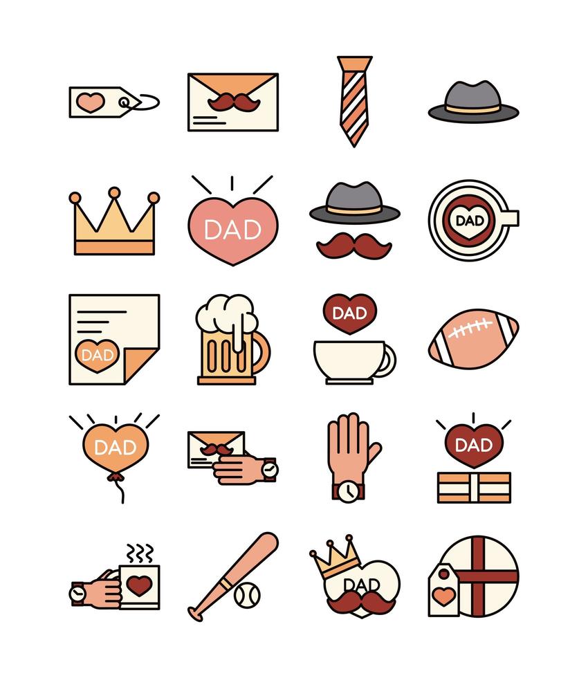 happy fathers day celebration accessories message decoration party icon set line and fill icon vector