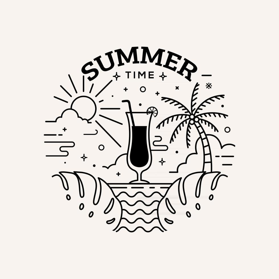 Summer time label flat style with line art vector illustration