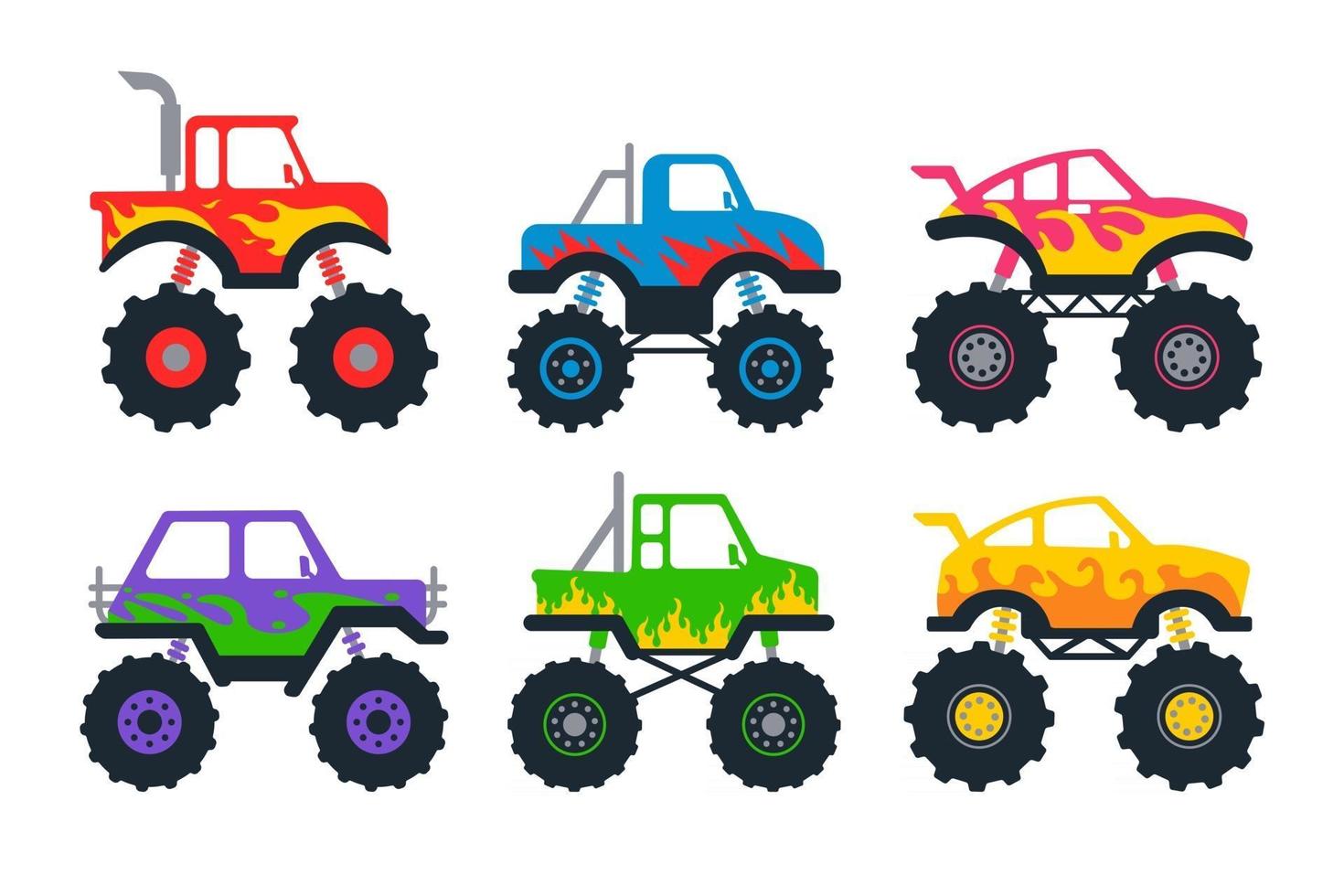 Set of monster trucks Vector pickup truck with big wheels Cartoon car design ideas for boys