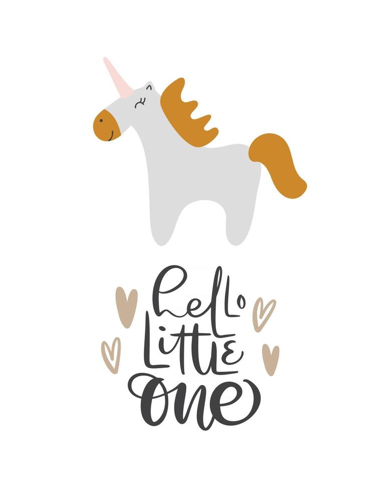 Unicorn hand drawn illustration vector in doodle style and calligraphic text Hello Little One