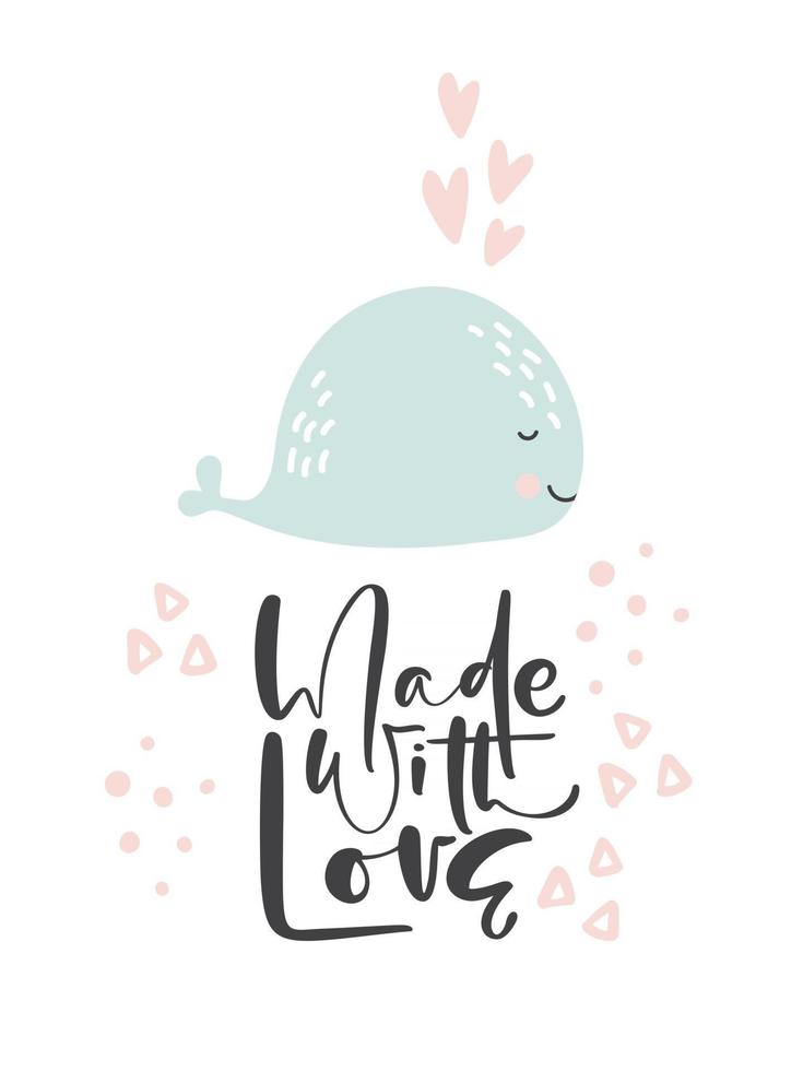 lindo vector de ilustración de ballena dibujada a mano en estilo doodle y texto caligráfico hecho con amor