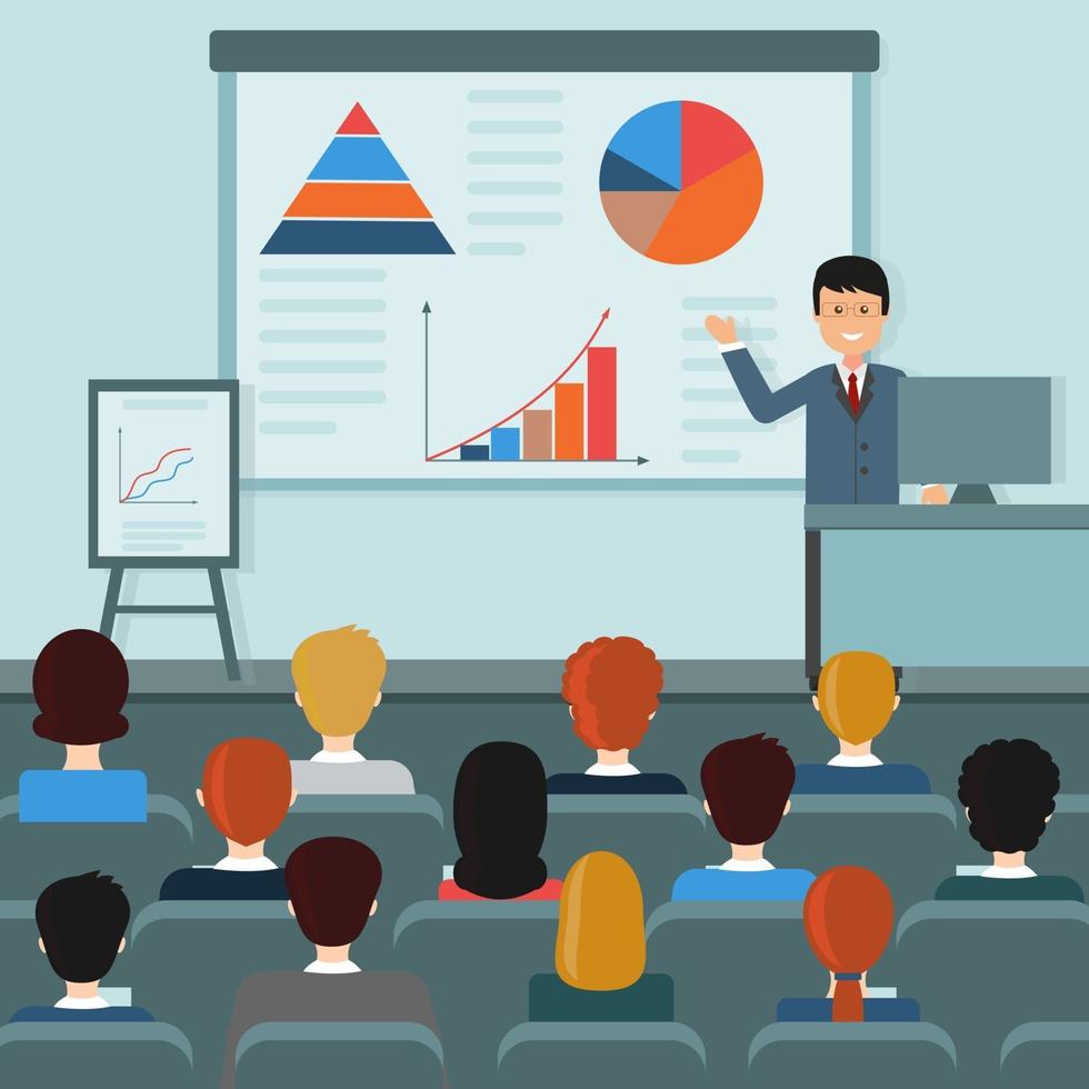 A male teacher holds a conference on the topic economics illustration flat style vector