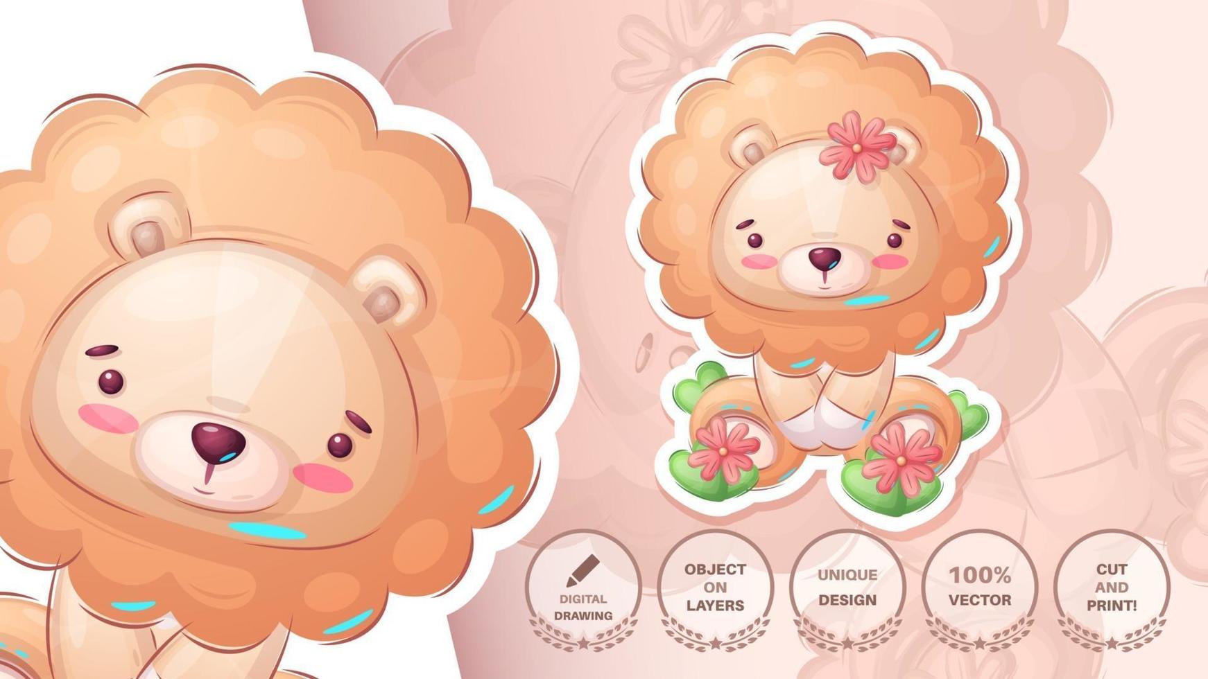 Teddy lion with flower cute sticker vector