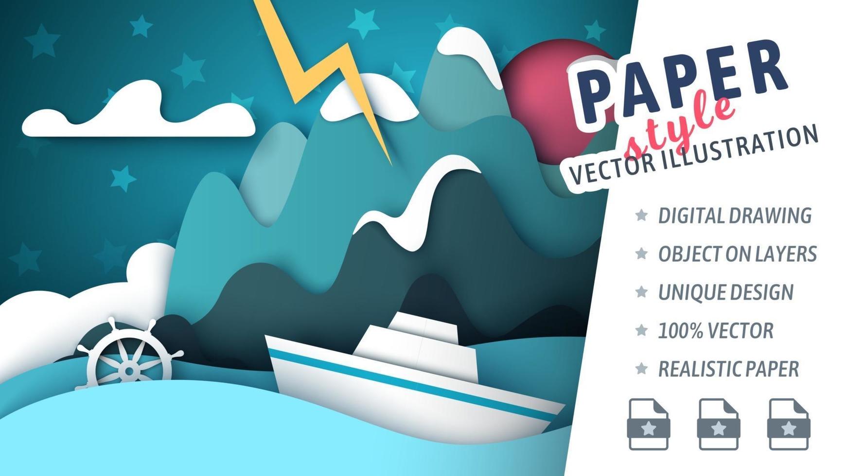 Cut paper style boat and mountain in storm vector