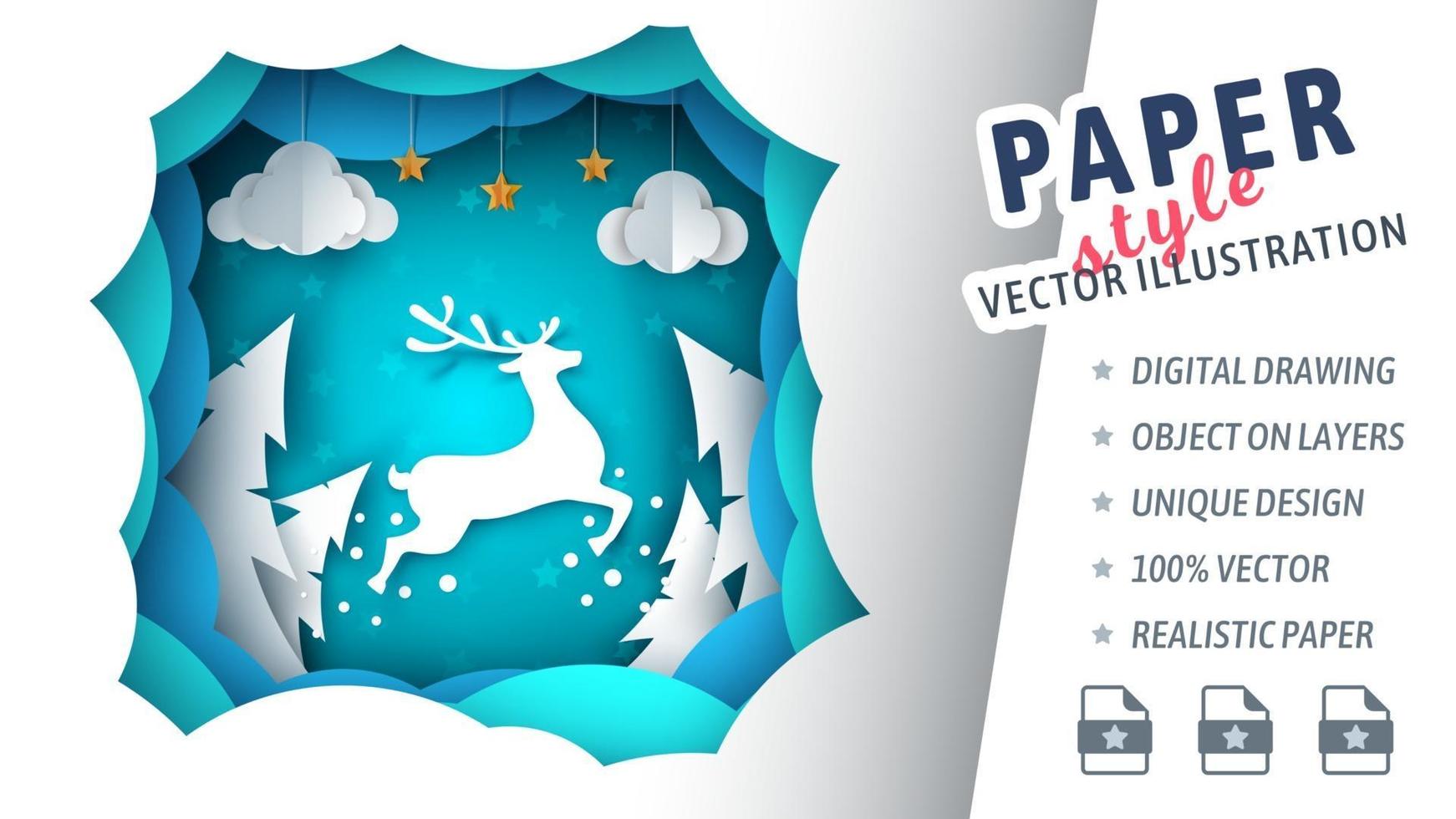 Cortar la escena de invierno estilo papel con renos. vector