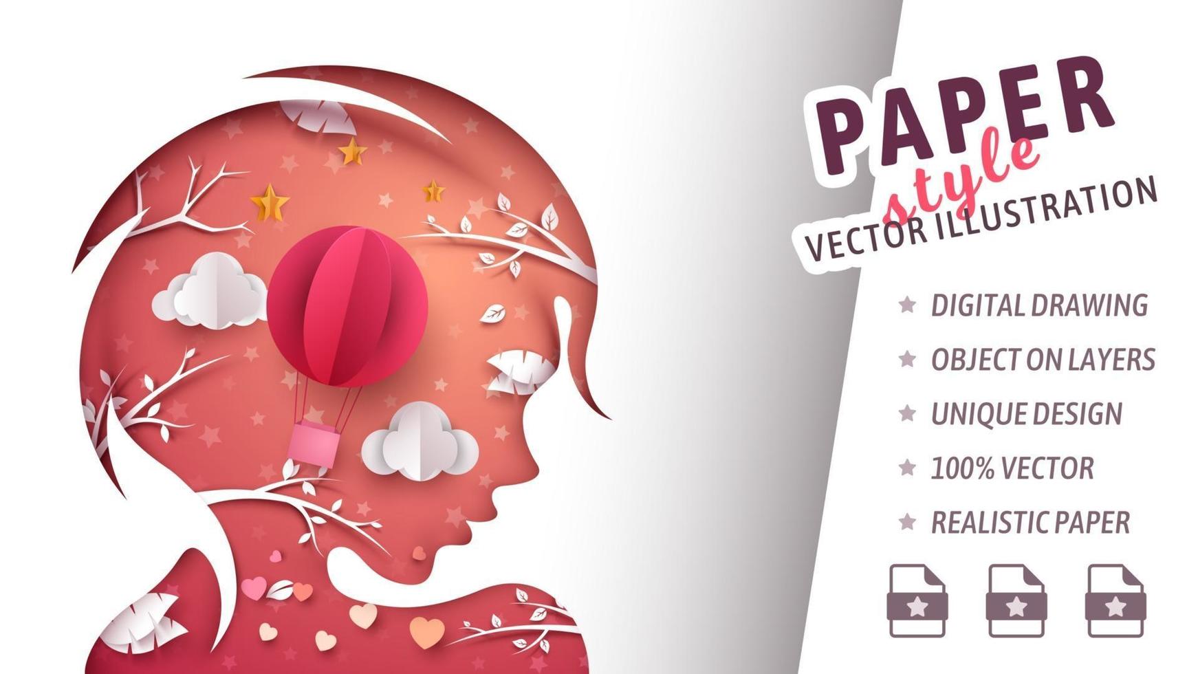 Cut paper style girls silhouette with red heart balloon and trees vector