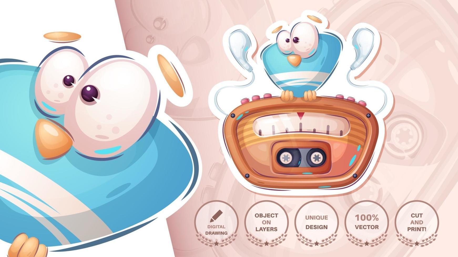 Cartoon character bird listening to the  radio vector
