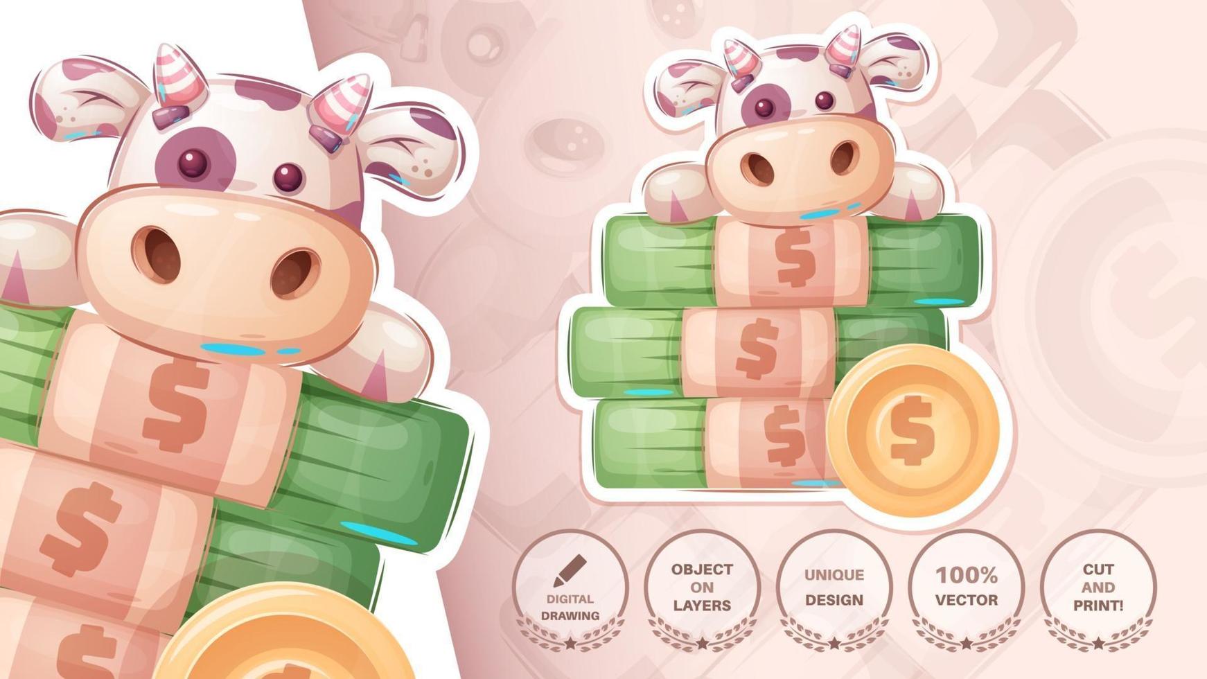 Cartoon character cow on stacks of money bills vector