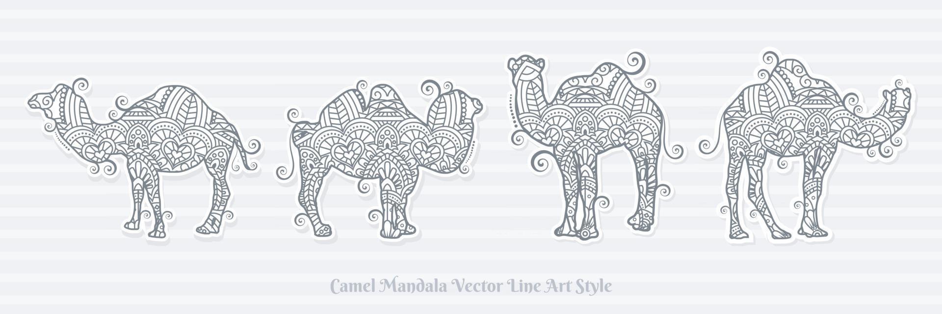 Set of mandala style Camels for printing and adult coloring book page vector