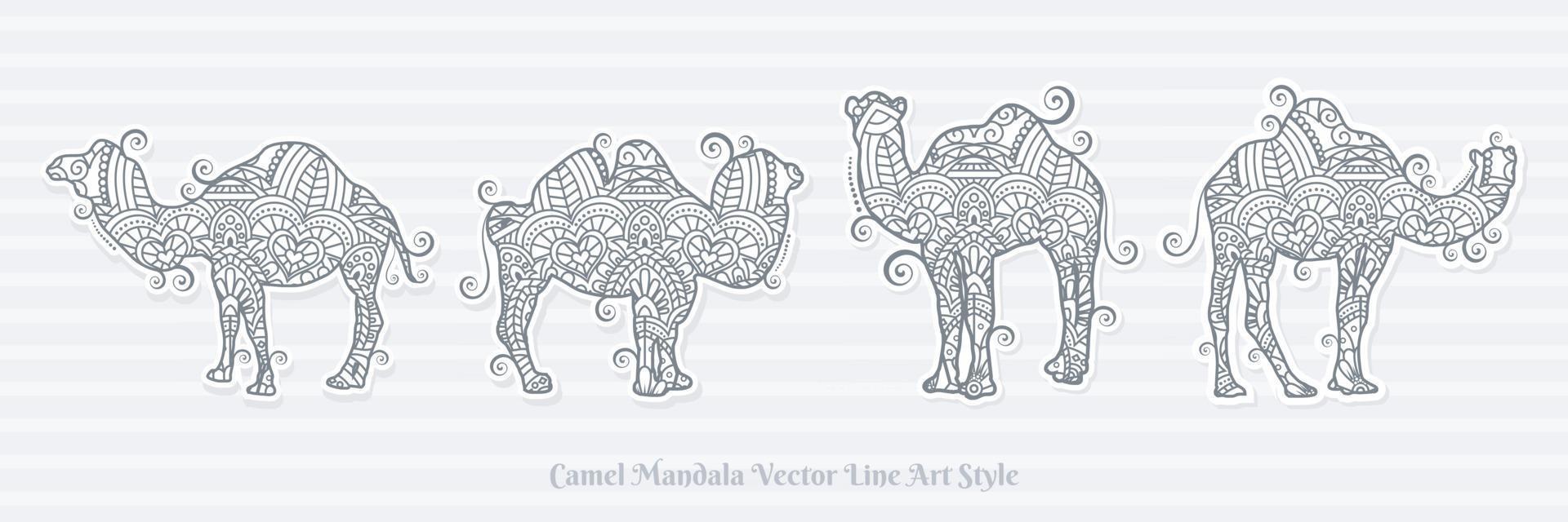 Conjunto de camellos estilo mandala para imprimir y colorear página de libro para adultos vector