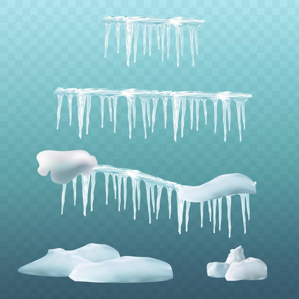 elementos de nieve bola de nieve y carámbanos de ventisquero y bordes de casquete de nieve aislados conjunto de invierno ilustración del efecto de bola de nieve helada ilustración de vector de casquete de nieve