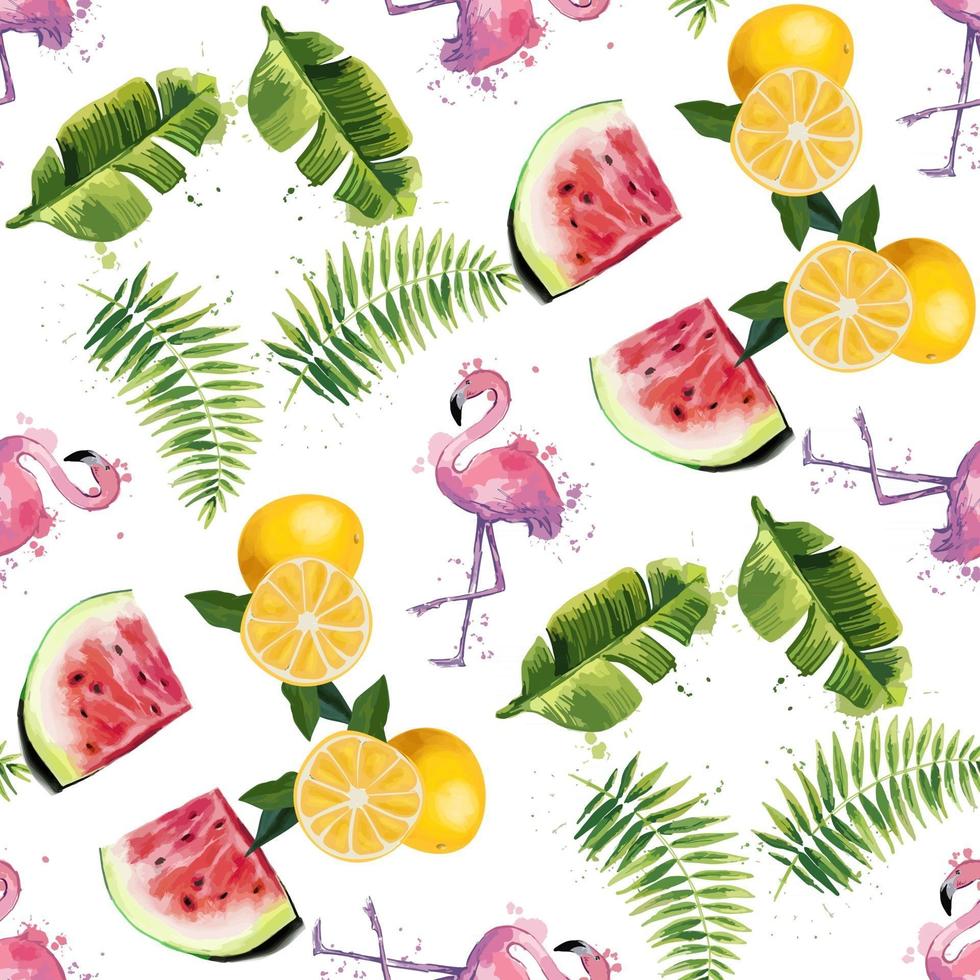 Seamless pattern with tropical leaves watermelons oranges and flamingos vector