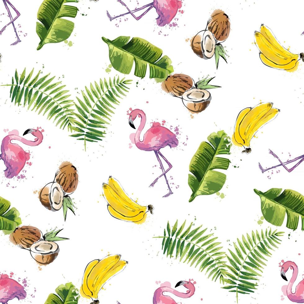 Seamless pattern with tropical leaves coconuts bananas and flamingos vector