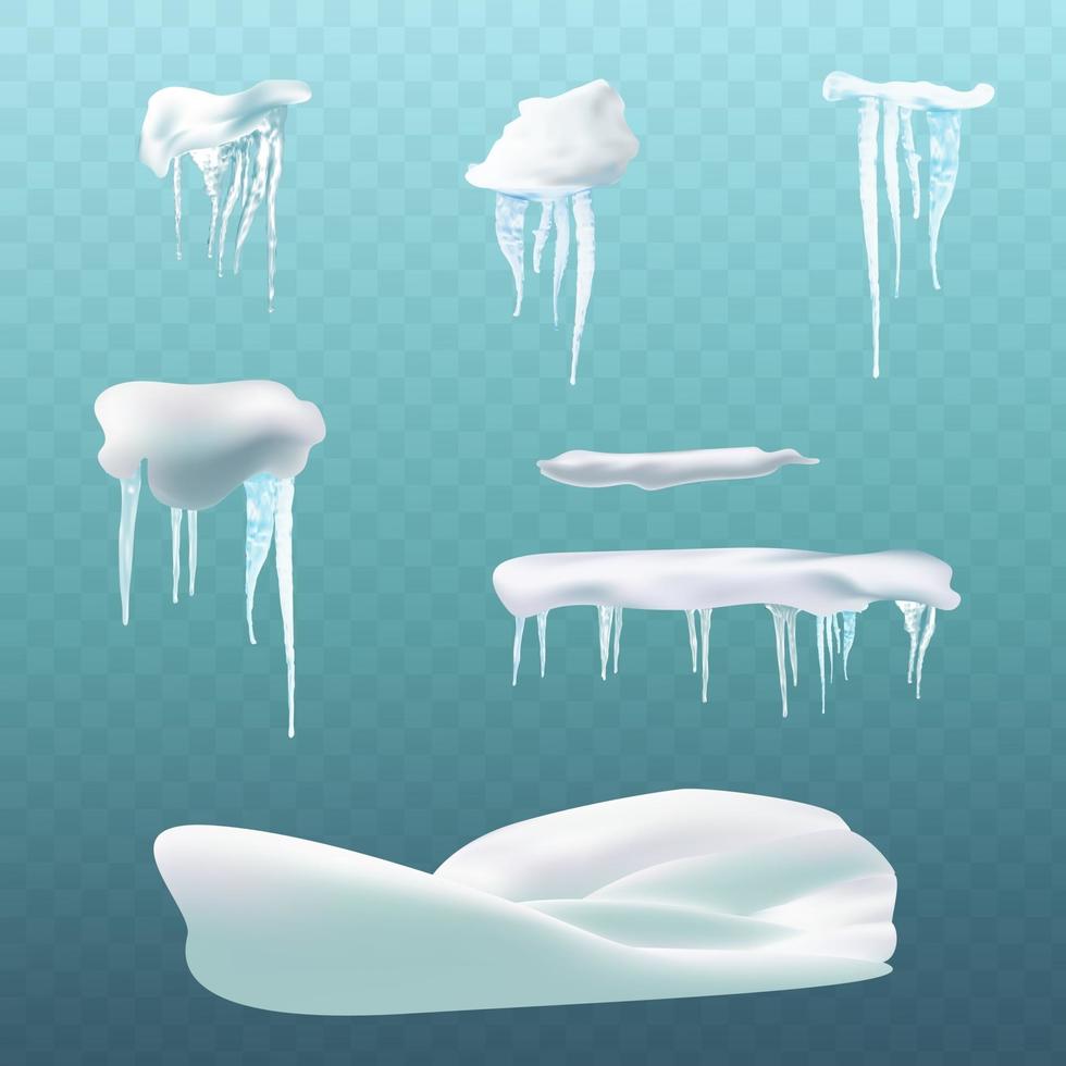 elementos de nieve bola de nieve y carámbanos de ventisquero y bordes de casquete de nieve aislados conjunto de invierno ilustración del efecto de bola de nieve helada ilustración de vector de casquete de nieve