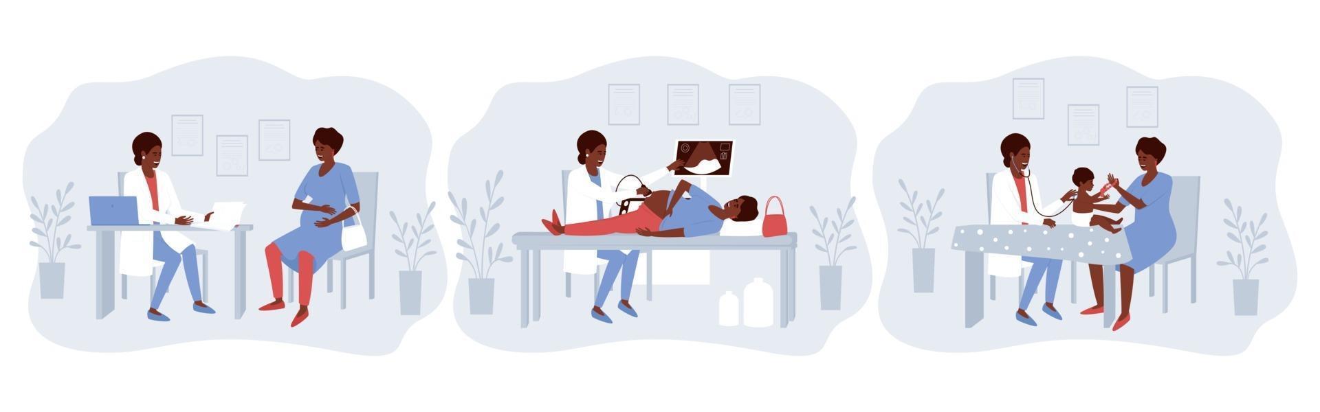 A set of illustrations with a pregnant African American woman visiting a doctor vector