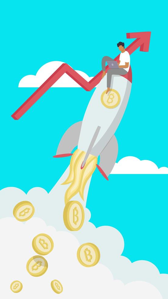 Bitcoin Blockchain cryptocurrency concept of soaring rocket fly into sky with a man while trading cryptocurrency over the internet and flying golden coin in sky Minimal investments for bitcoin vector