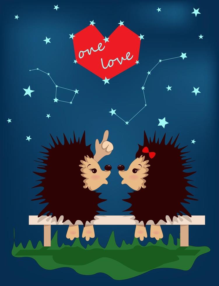 vector image of hedgehogs in love under the starry sky