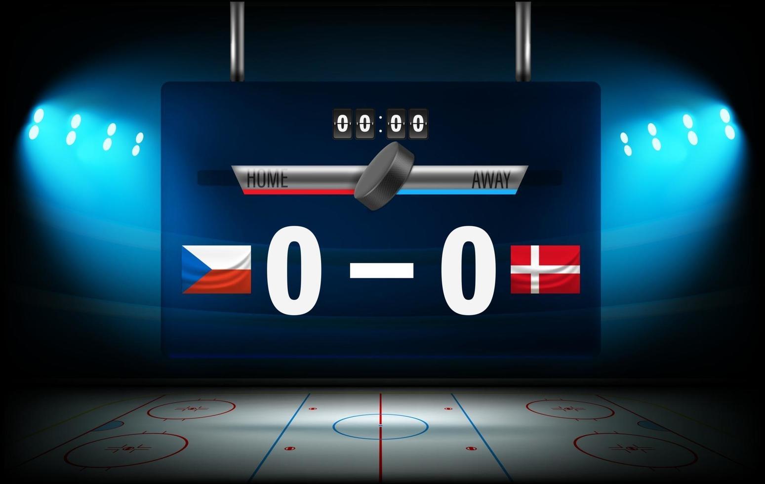 Estadio de hockey sobre hielo con banderas chech y dinamarca en el marcador vector